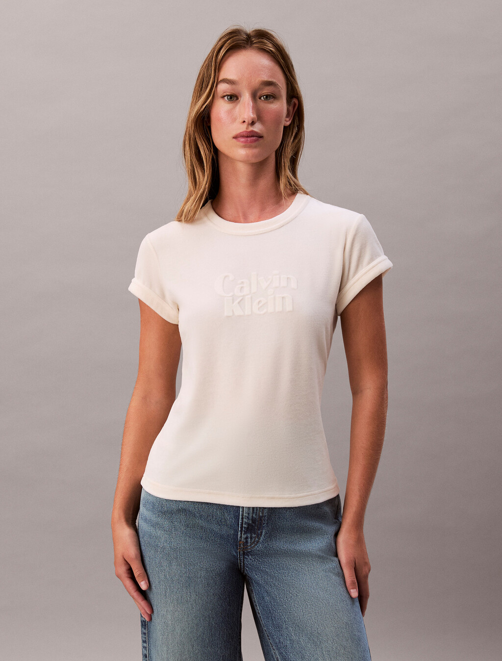 Velour Embossed Logo Graphic Slim T-Shirt, Antique White, hi-res