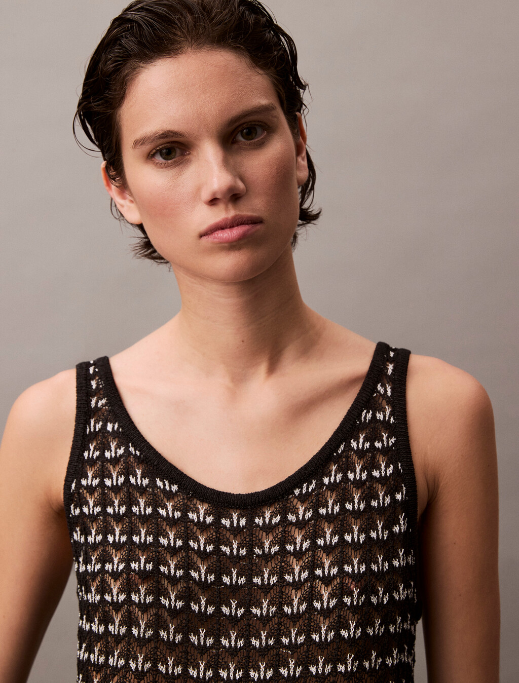 Jacquard Textured Tank Top, Black, hi-res