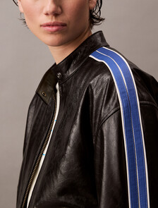 Relaxed Leather Zip Jacket, Black / Déja Vu Blue / White, hi-res