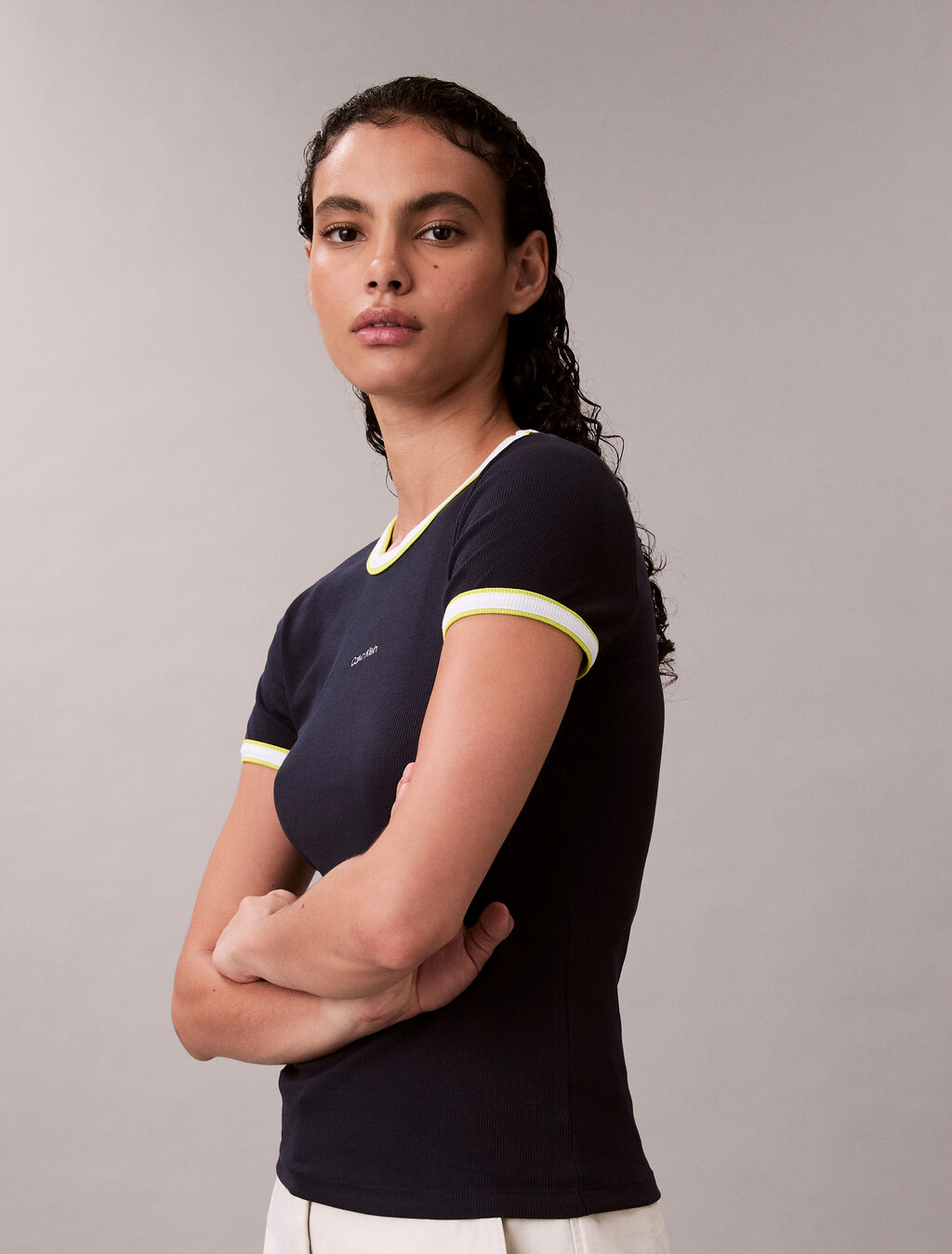 Contrast Trim Ribbed Logo Graphic Baby Tee, Dark Sapphire, hi-res