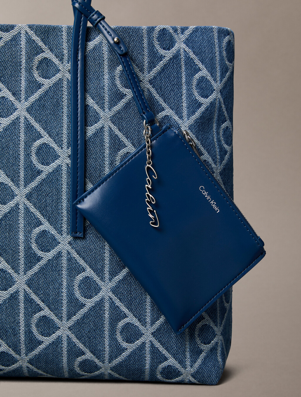 Large Denim Jacquard Tote Bag with Pouch, Denim JQD Medium Wash, hi-res