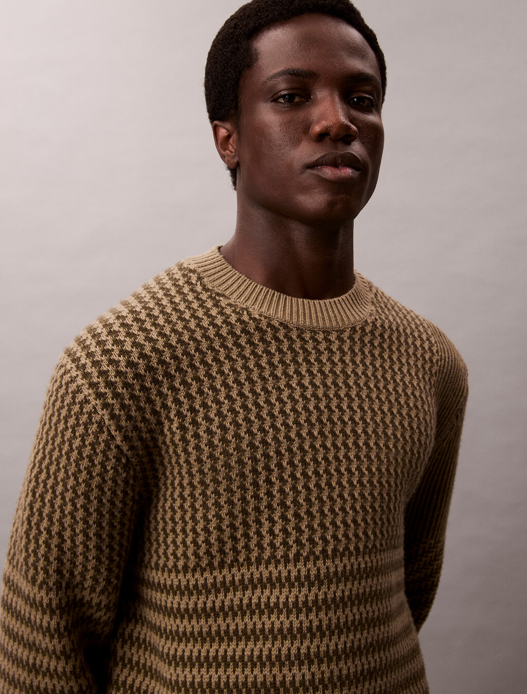 Wool Blend Patterned Crewneck Jumper, Smokey Olive, hi-res
