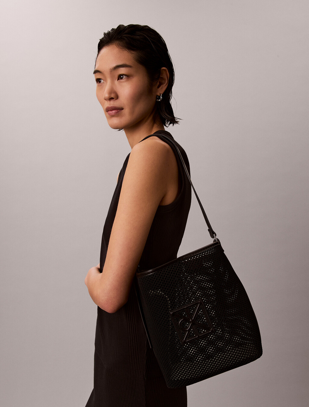 Mesh Emblem Logo Bucket Bag with Pouch, Black, hi-res