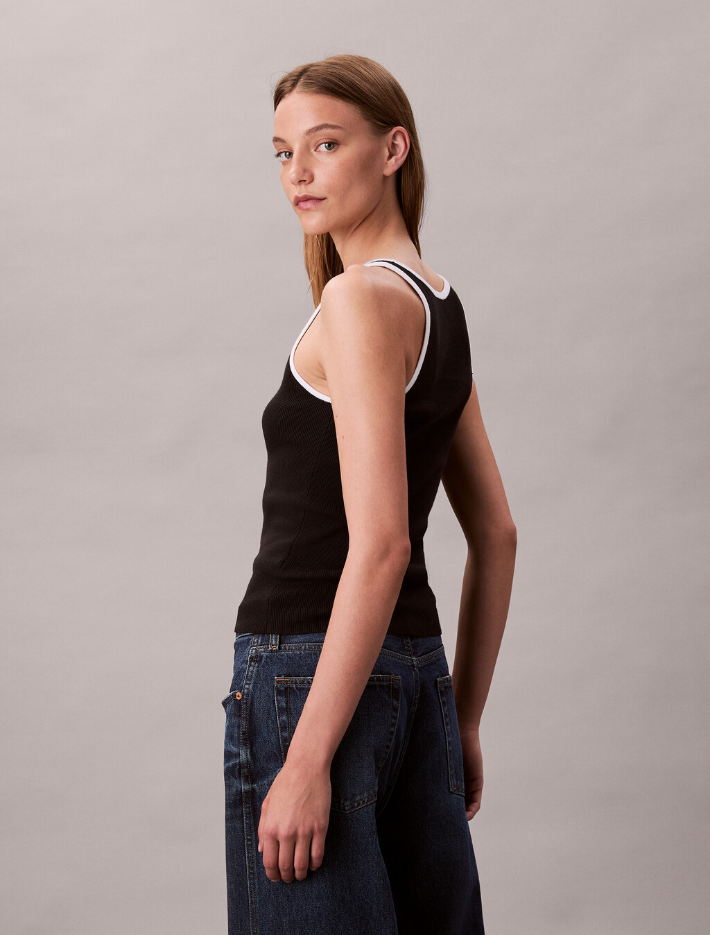 Contrast Trim Ribbed Tank Top, Black Combo, hi-res