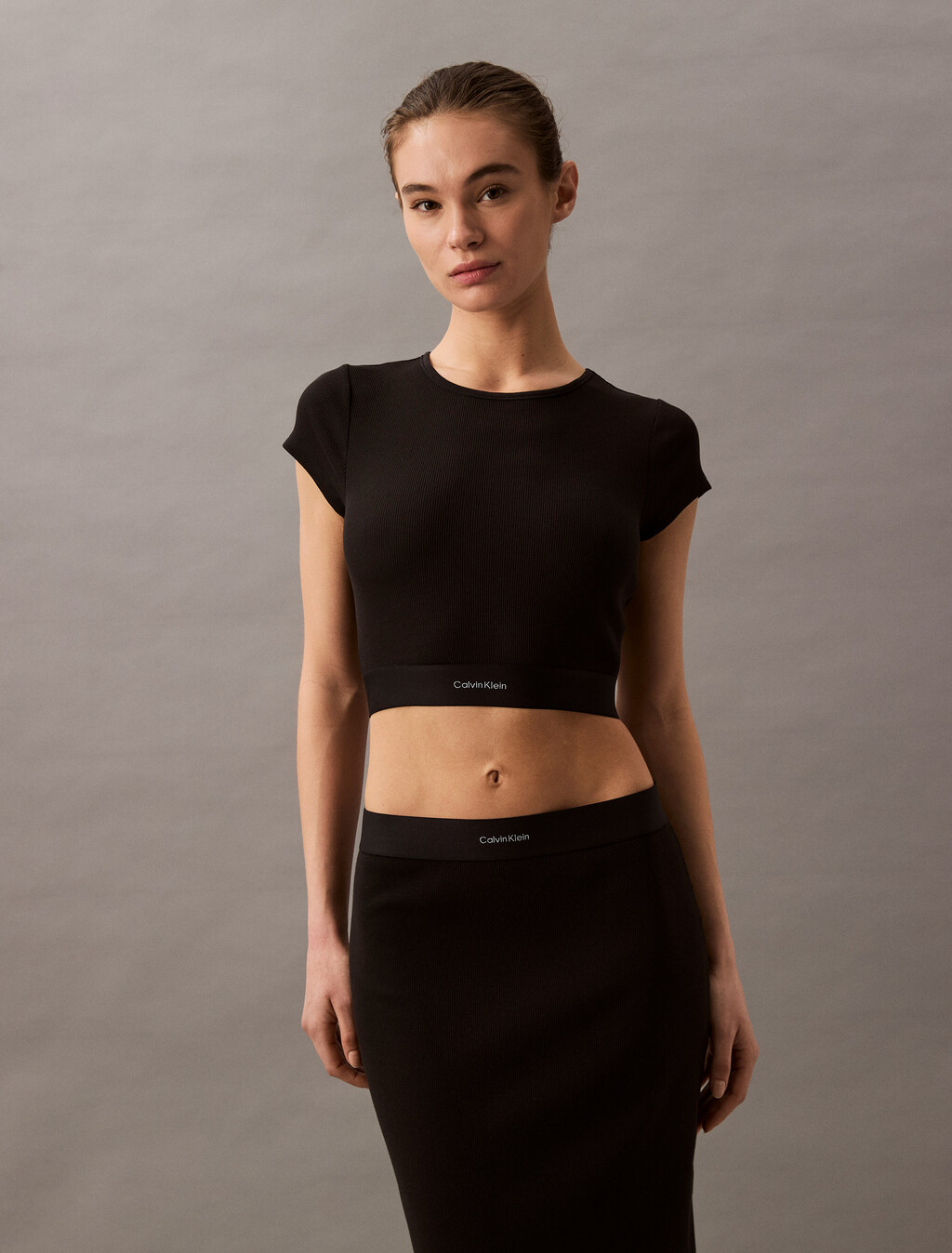 Cotton Stretch Rib Knit Skirt, Black, hi-res