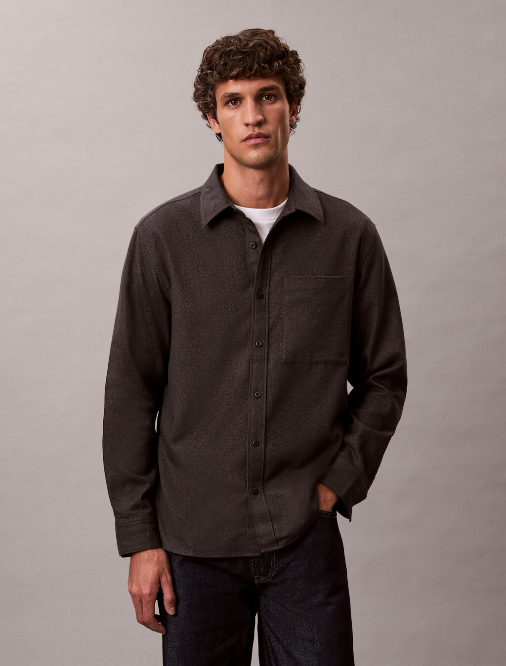 Melange Flannel Easy Button-Down Shirt, Black, hi-res