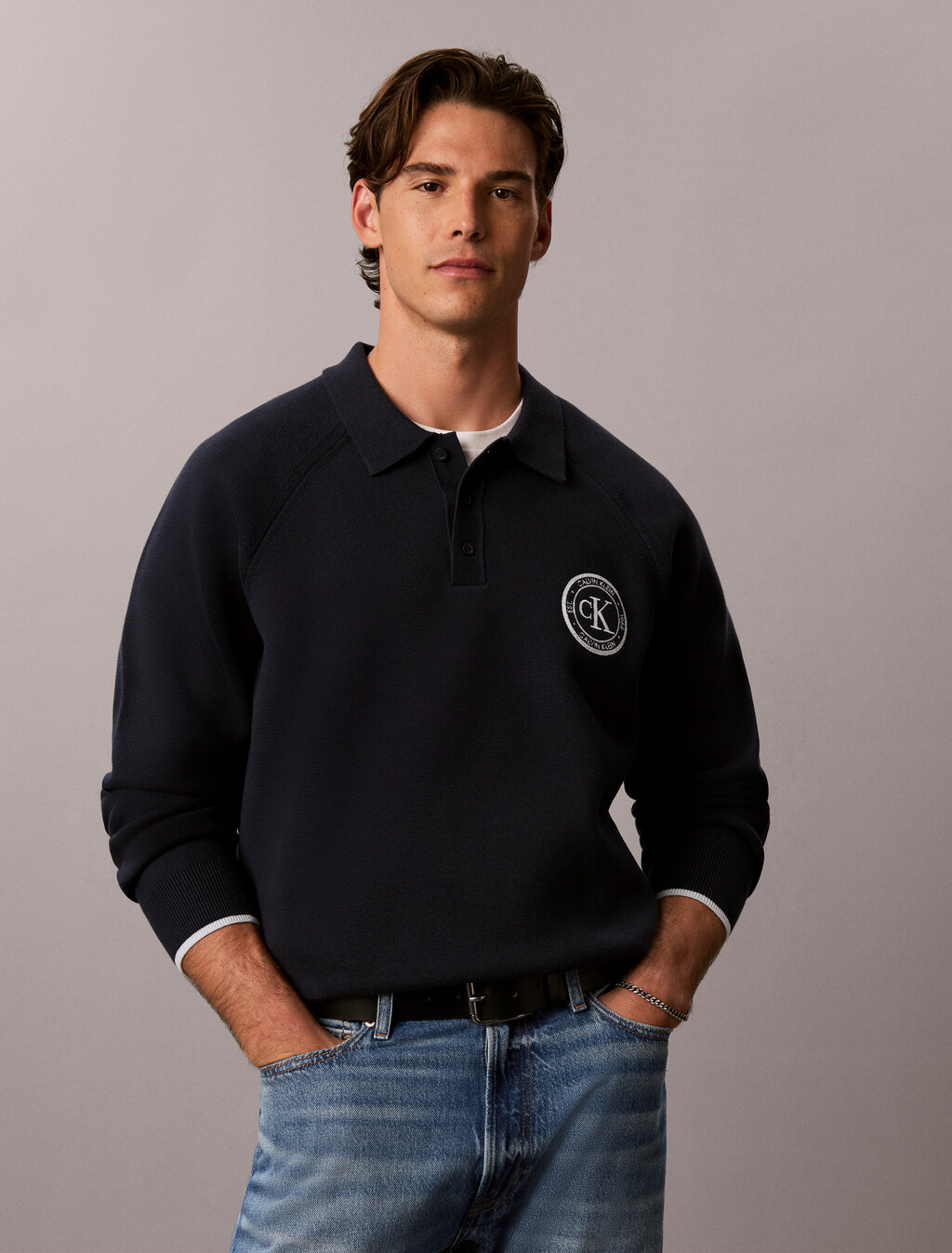 Cotton Knit Varsity Polo Jumper, Dark Sapphire, hi-res