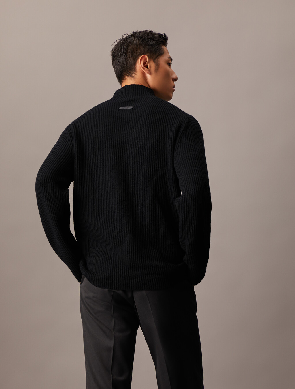 Woolen Rib Knit Mock Neck Sweater, Black, hi-res