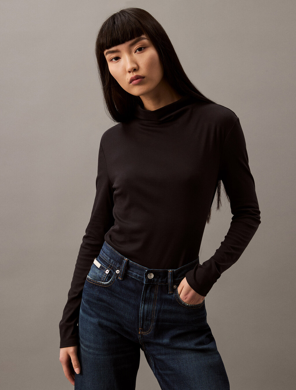 Mercerized Jersey Mock Neck T-Shirt, Black Beauty, hi-res
