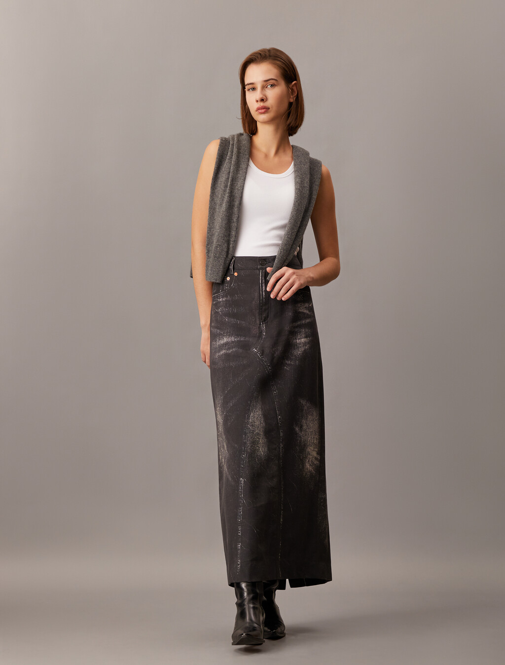Halo Trompe L'oeil Denim Tailored Skirt, BLACK DENIM PRINT, hi-res