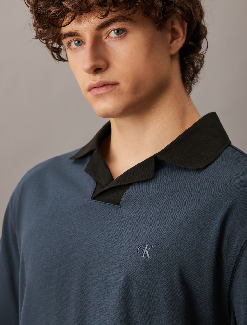 Contrast Open Collar Polo, Ink, hi-res