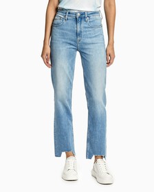 ITALIAN DENIM HIGH RISE SLIM STRAIGHT JEANS, Light Blue, hi-res