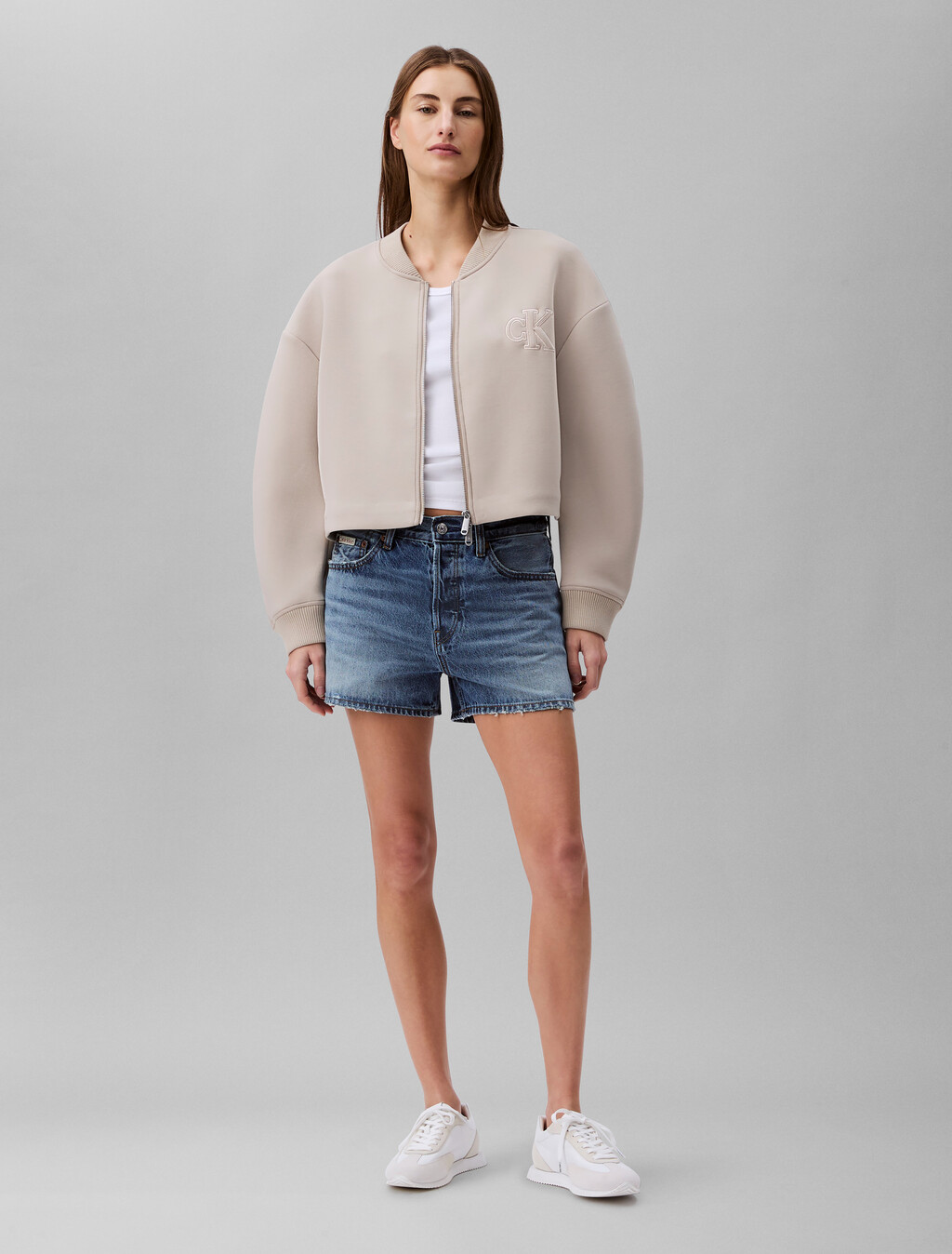 Oversized Scuba Zip Bomber Jacket, Feather Gray, hi-res