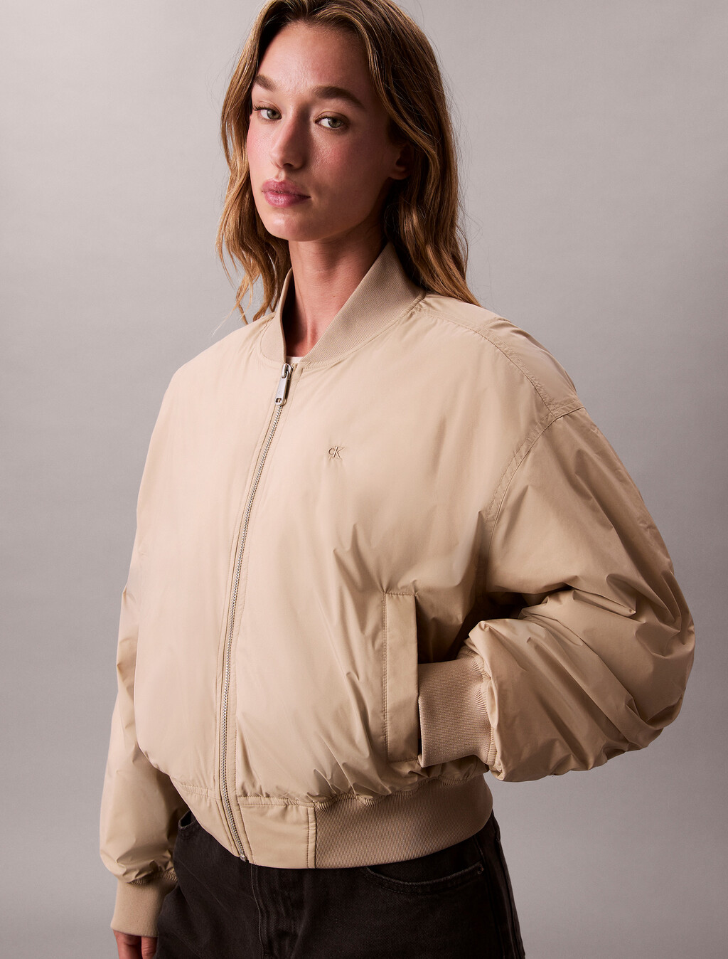 Lightweight Cropped Bomber Jacket, White Pepper, hi-res