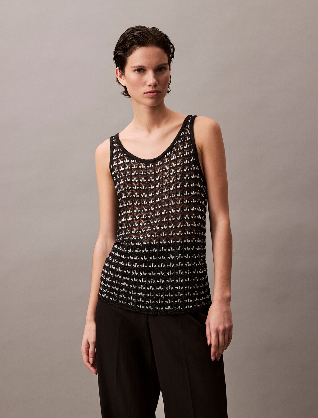 Jacquard Textured Tank Top, Black, hi-res
