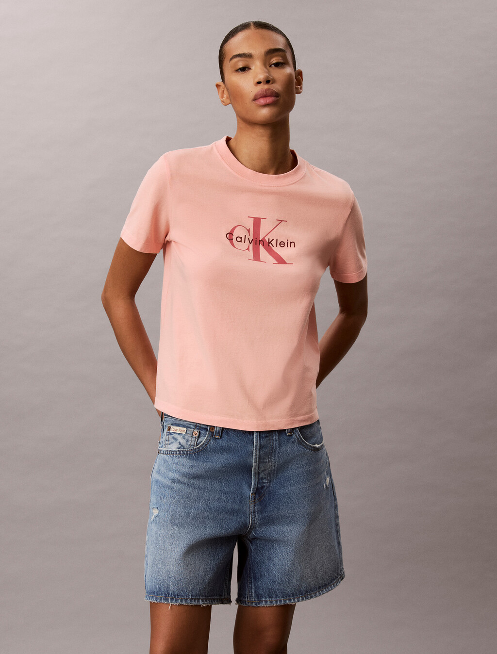 Washed Cotton Monogram T-shirt, Light Red, hi-res