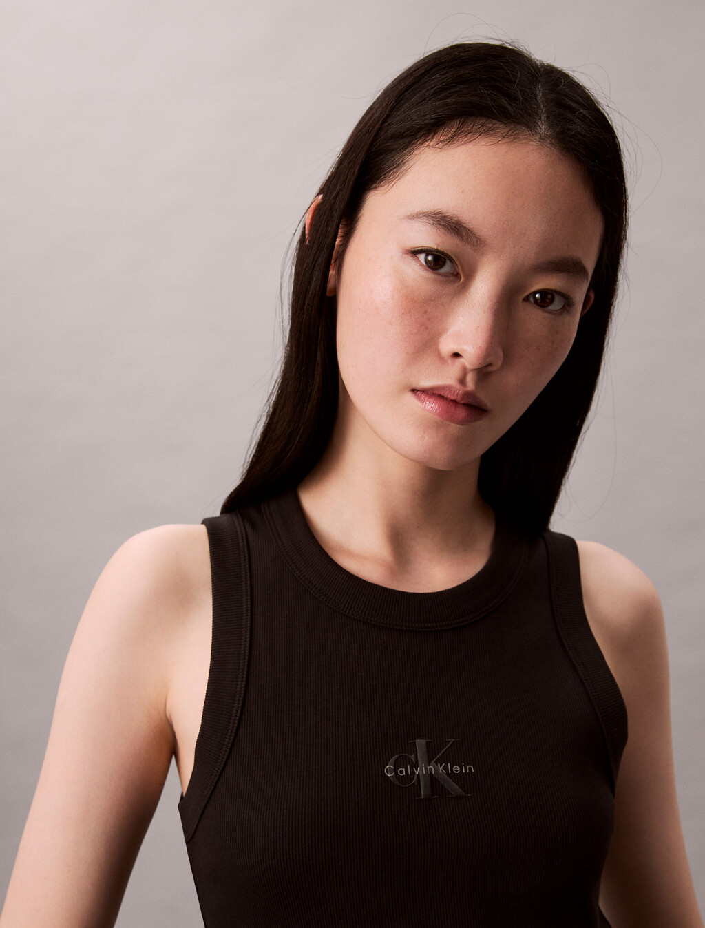 Monogram Rib Knit Tank Top, Black, hi-res