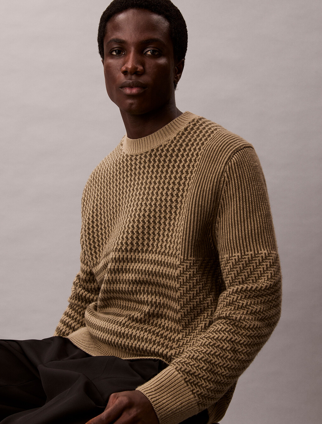 Wool Blend Patterned Crewneck Jumper, Smokey Olive, hi-res