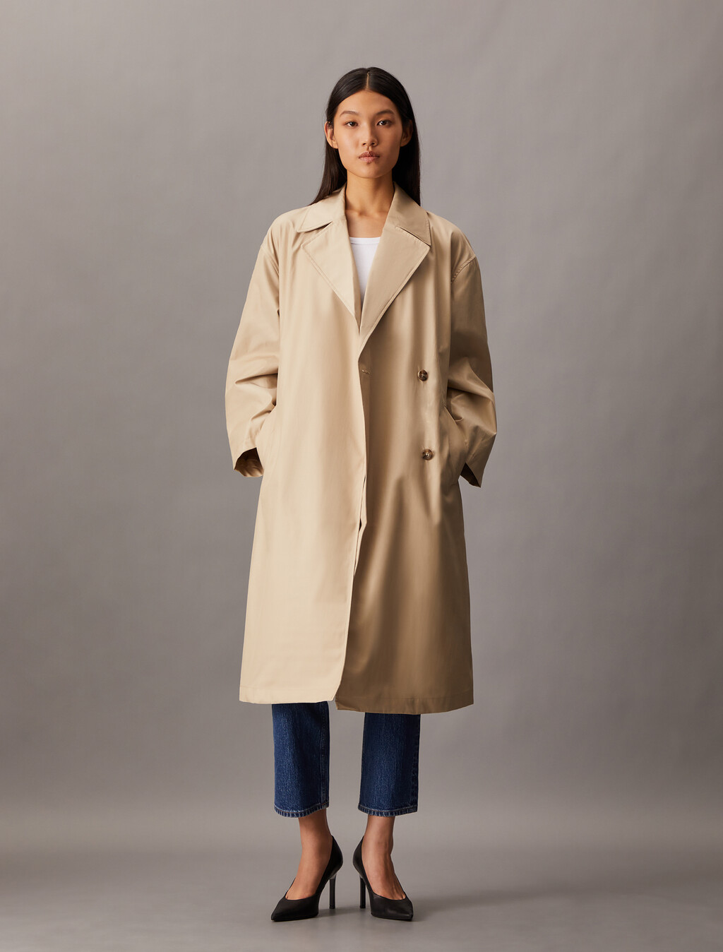 Organic Cotton Blend Trench Coat, White Pepper, hi-res