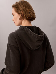Washed Cotton Terry Zip Through Hoodie, Black, hi-res