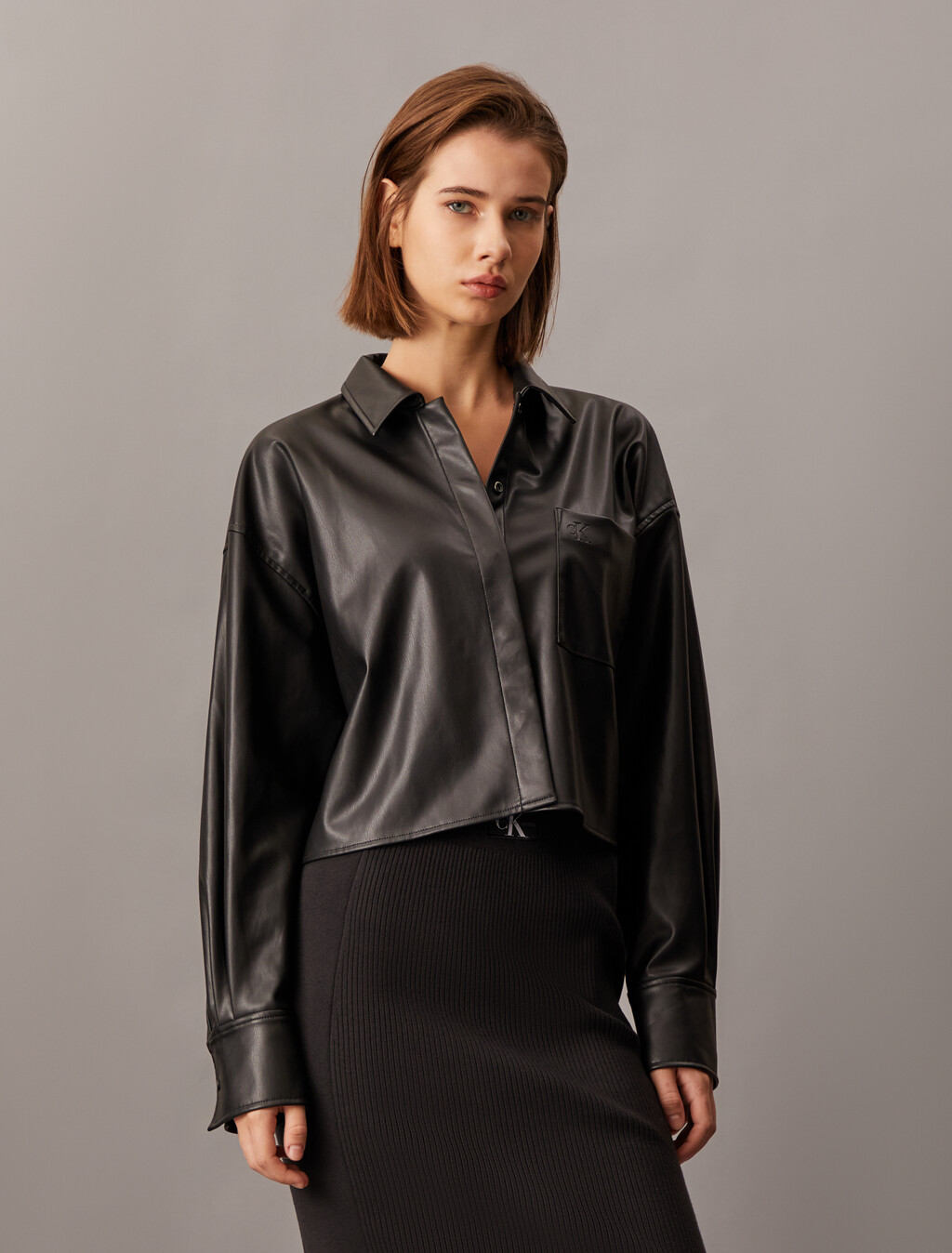 Faux Leather Cropped Shirt, Ck Black, hi-res