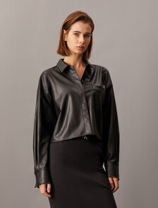 Faux Leather Cropped Shirt, Ck Black, hi-res