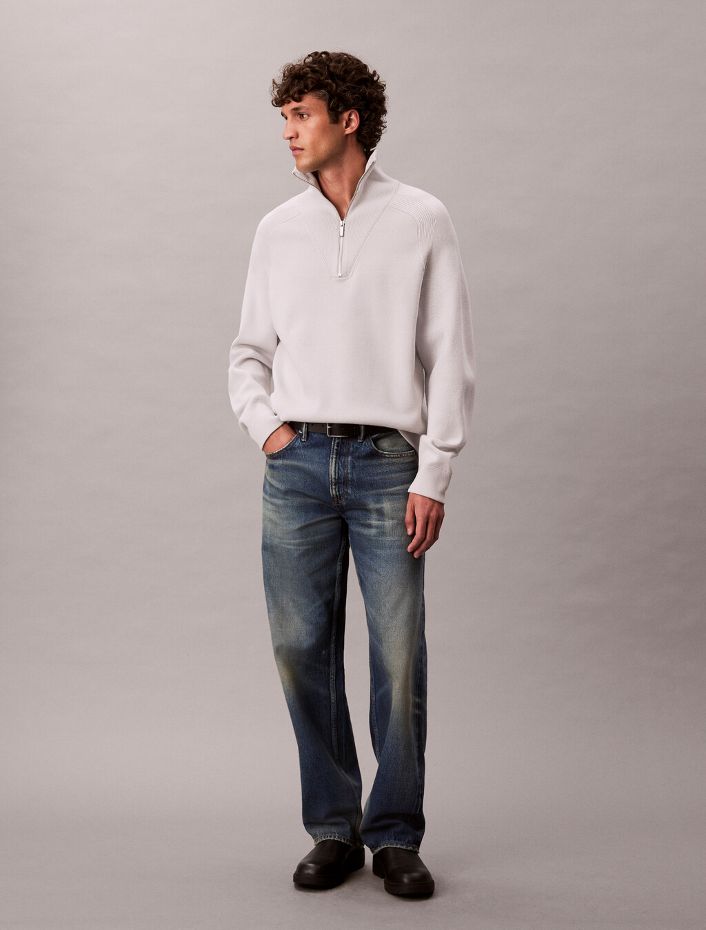 Tech Knit Boxy Mock Neck Jumper, Chalk, hi-res