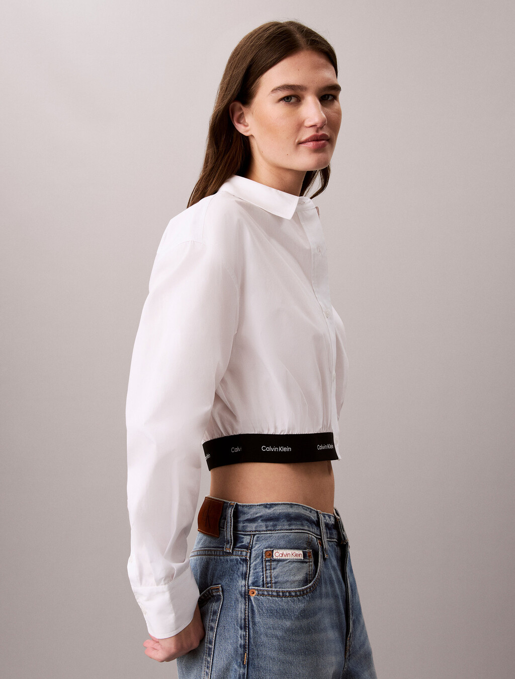 Logo Waistband Cropped Shirt, Bright White, hi-res
