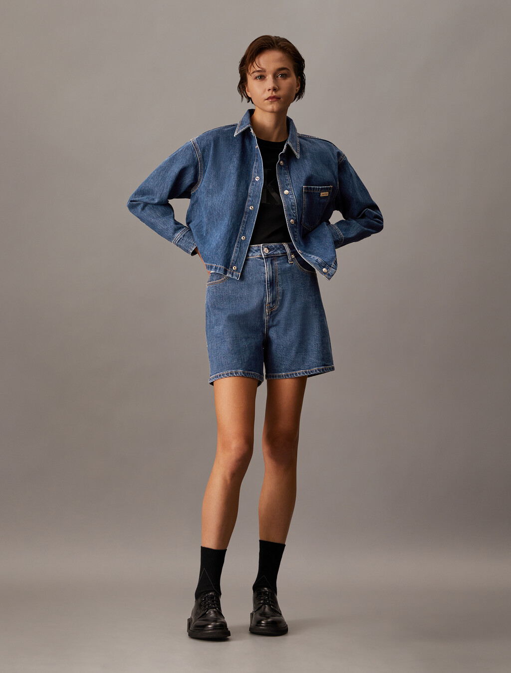 Sustainable Cropped Denim Shirt, Denim Medium, hi-res