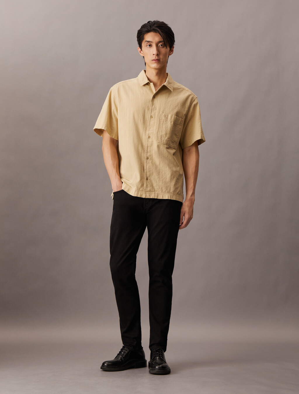 Summer Utility Textured Cotton Shirt, Pale Khaki, hi-res