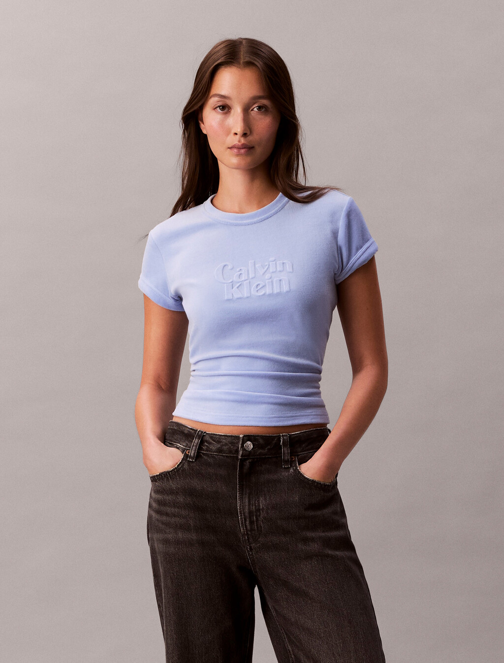Velour Embossed Logo Graphic Slim T-Shirt, Hydrangea, hi-res
