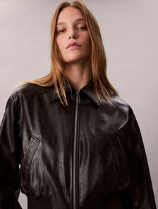 Cropped Faux Leather Bomber Jacket, Black, hi-res