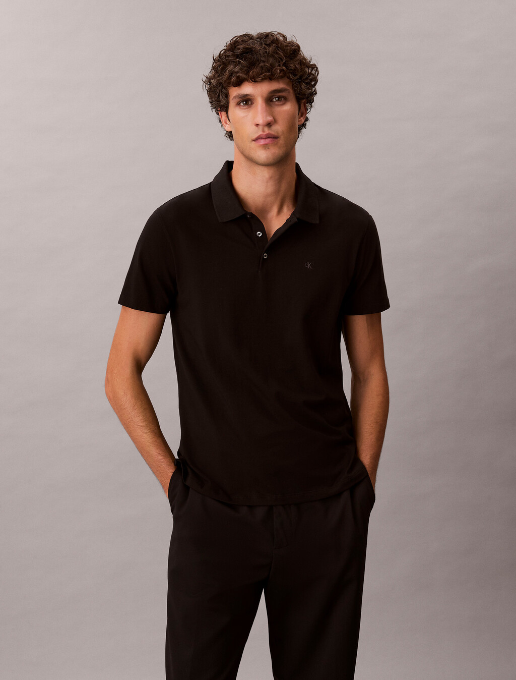 Stretch Cotton Slim Polo, Black, hi-res