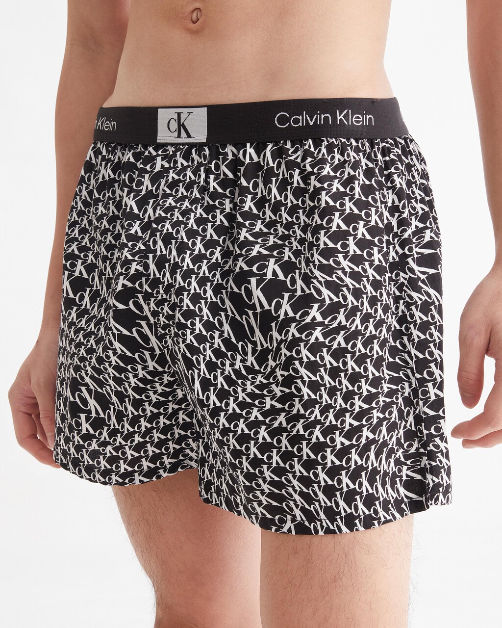 Calvin Klein 1996 Woven  Cotton Boxers, WARPED LOGO PRINT_BLACK, hi-res