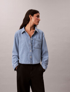 Washed Cropped Denim Shirt, BLUE RIVIERA, hi-res