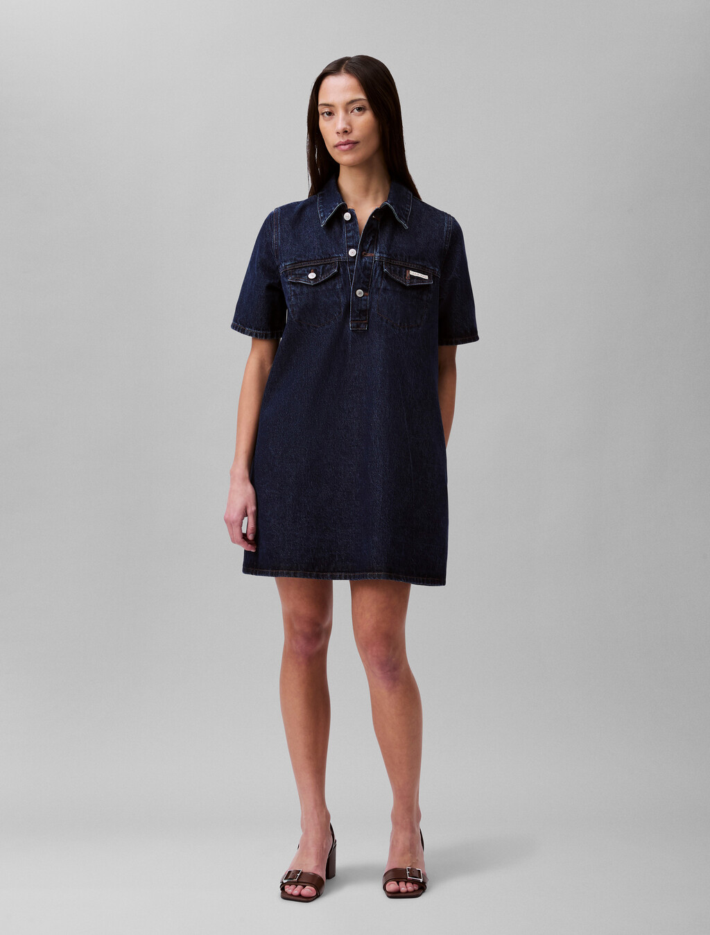 Denim A-line Mini Dress, DARK CK BLUE, hi-res