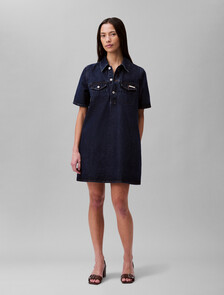 Denim A-line Mini Dress, DARK CK BLUE, hi-res