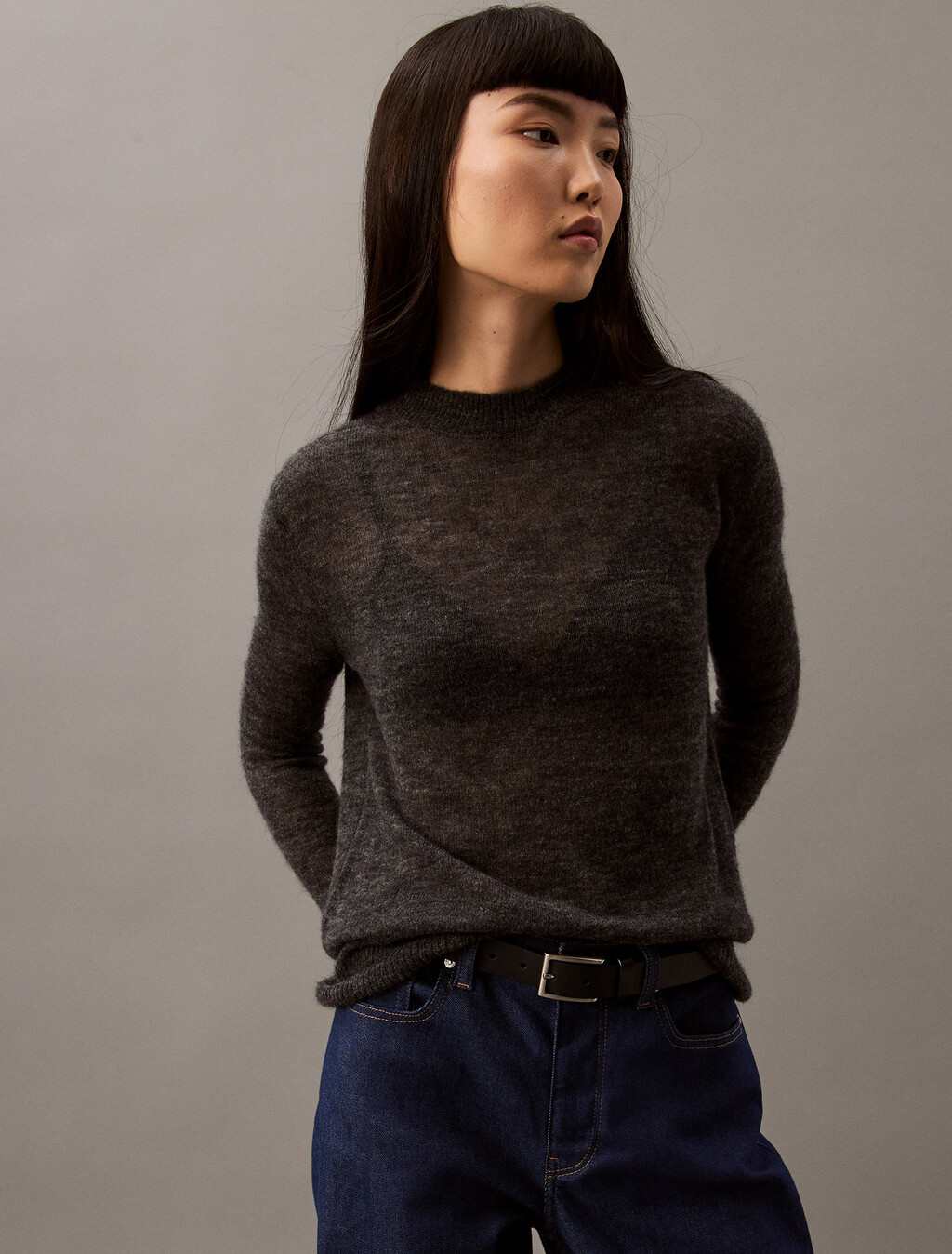 Sheer Alpaca Fine Gauge Crewneck Sweater, Gun Metal Heather, hi-res