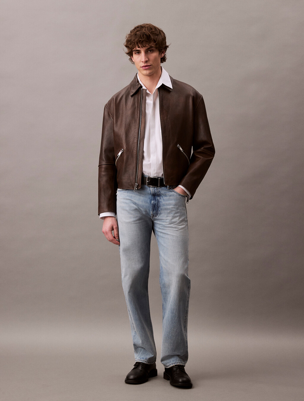 Leather Cropped Biker Jacket, Dusty Umber, hi-res