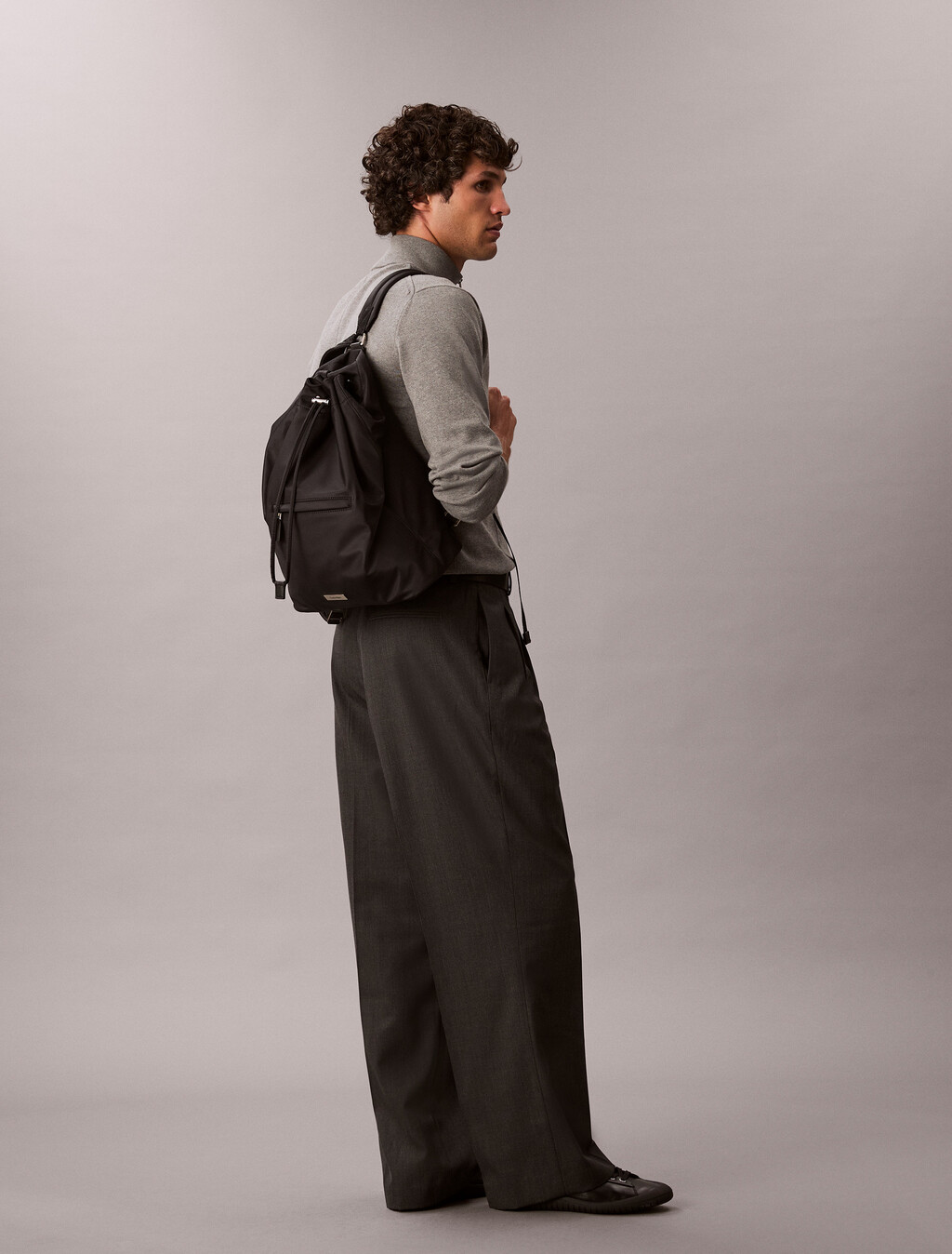 Matte Nylon Drawstring Backpack, Black, hi-res
