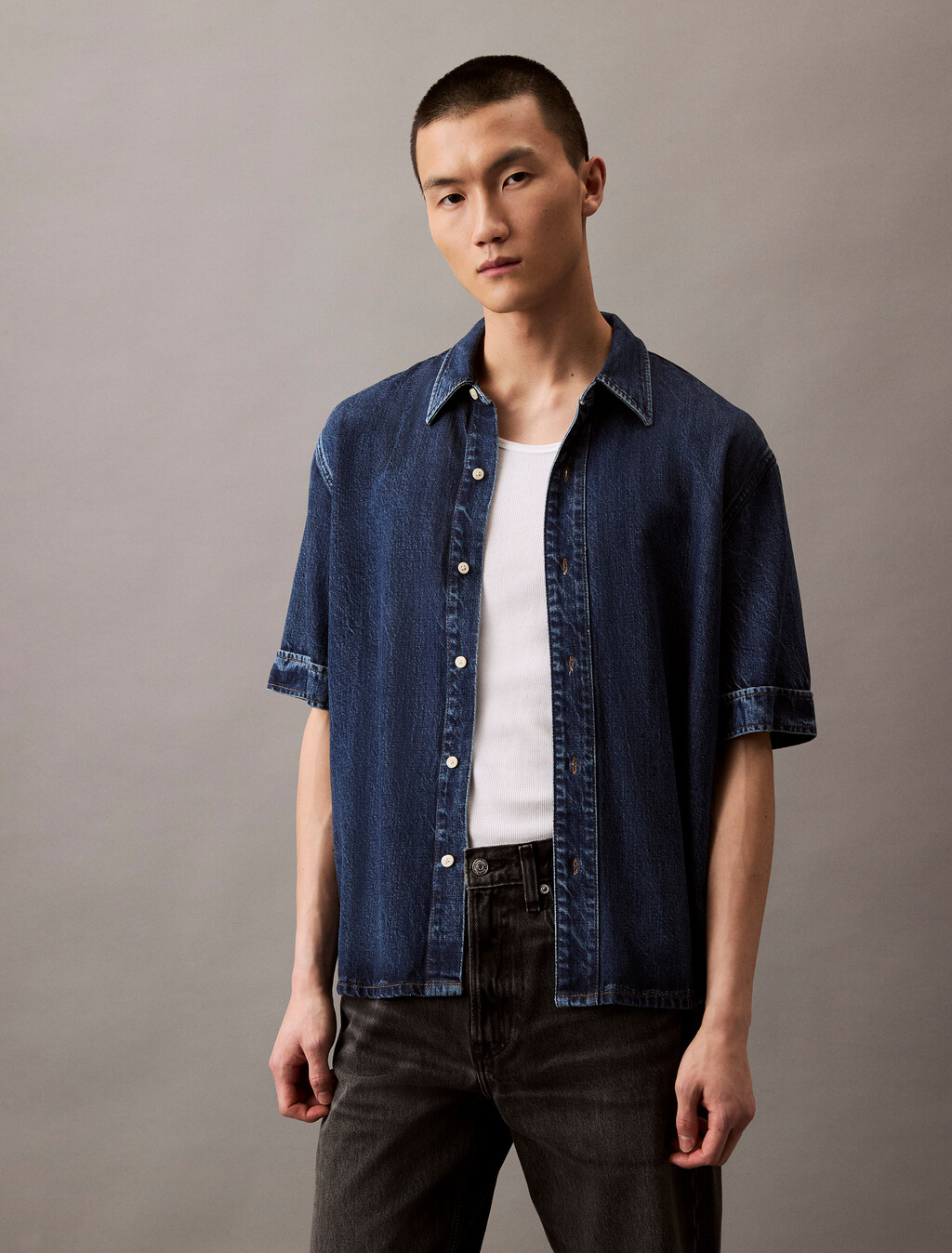 Denim Lyocell Short Sleeve Shirt, DARK ECLIPSE, hi-res
