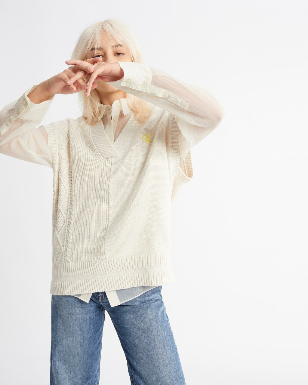 Cable Knit Sweater Vest | white | Calvin Klein Malaysia