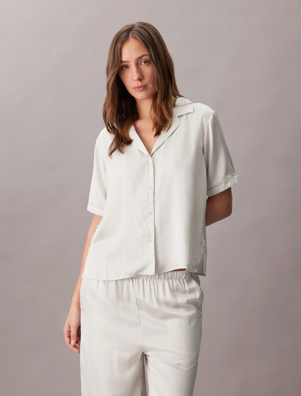 Satin Sheen Pyjama Shirt, 18724 STITCH STRIPE LOGO+Chalk, hi-res
