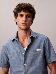 Cotton Chambray Short Sleeve Shirt, Blue Descent, hi-res