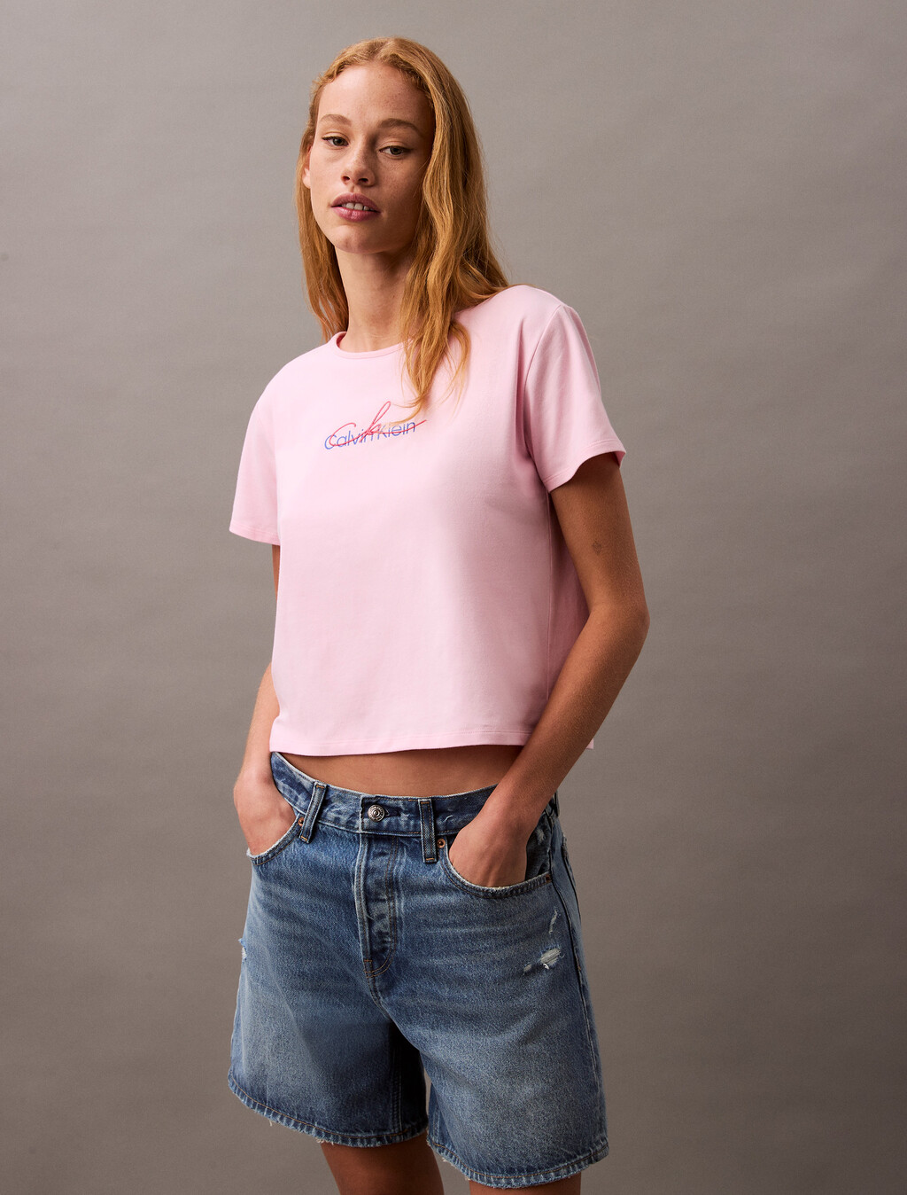 Slim Script Logo T-shirt, Pastel Pink, hi-res