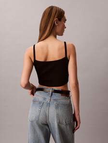 Cropped Ribbed Cotton Cami Top, Black, hi-res