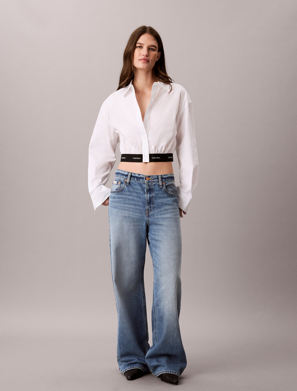 Logo Waistband Cropped Shirt, Bright White, hi-res