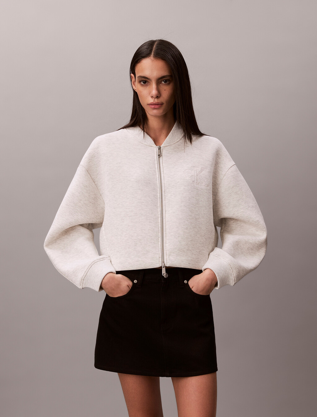 Oversized  Zip Bomber Jacket, BA01 Grey Heather, hi-res