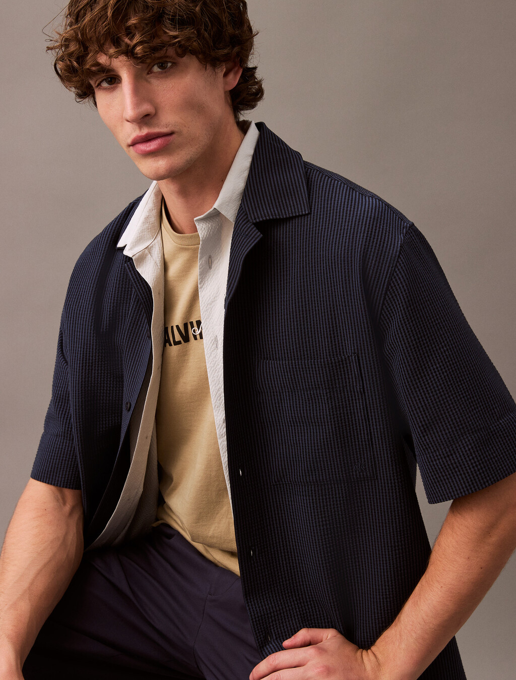 Seersucker Short Sleeve Shirt, Dark Sapphire, hi-res