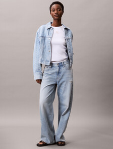 Monogram Logo Cropped Denim Jacket, CK LIGHT PRINTED, hi-res